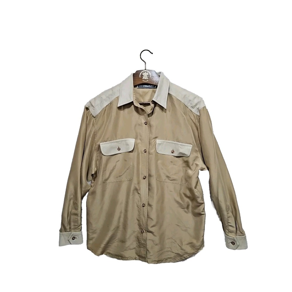 Diane Gilman Beige Womens Silk and Suede Shirt Blouse Medium Pockets Vintage